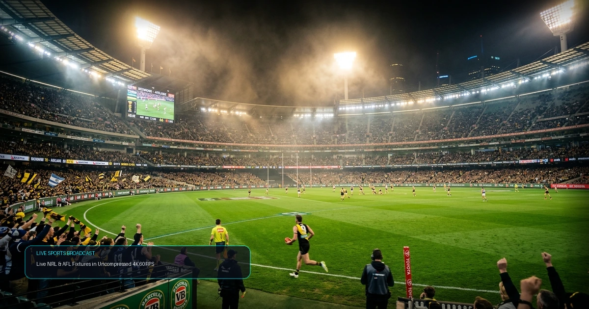 Live Australian NRL and AFL match under cinematic stadium floodlights in uncompressed 4K 60FPS on AU IPTV